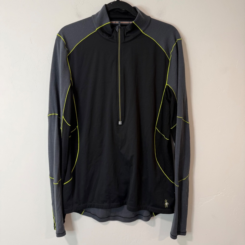 Smartwool Mens PhD 1/4 Zip Pullover Large Black Gray Merino Wool SW0S0936